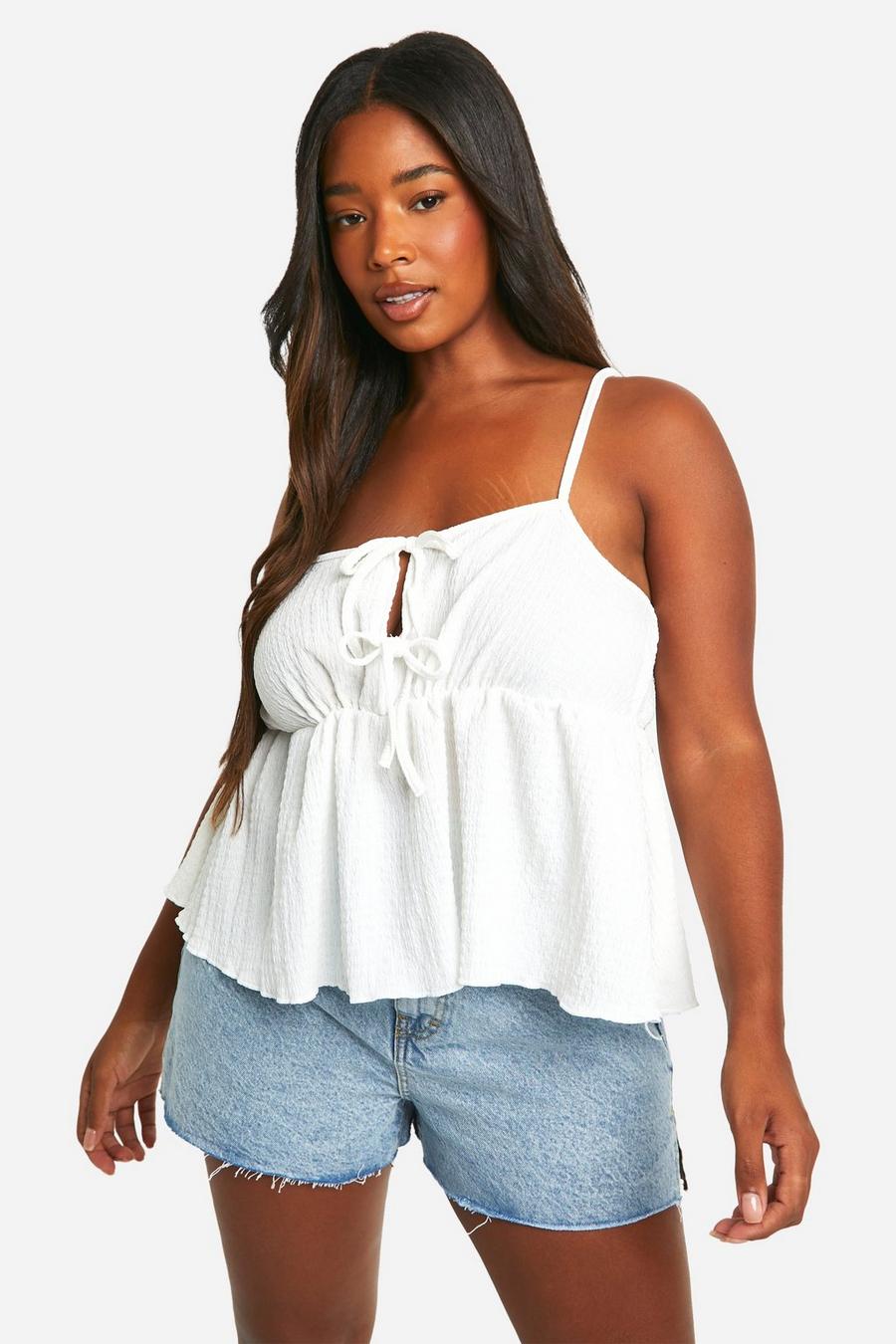 White Plus Textured Tie Front Cami Top image number 1