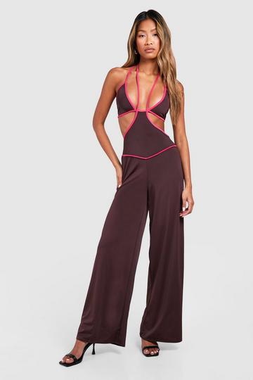 Premium Contrast Binding Halter Matt Slinky Jumpsuit chocolate