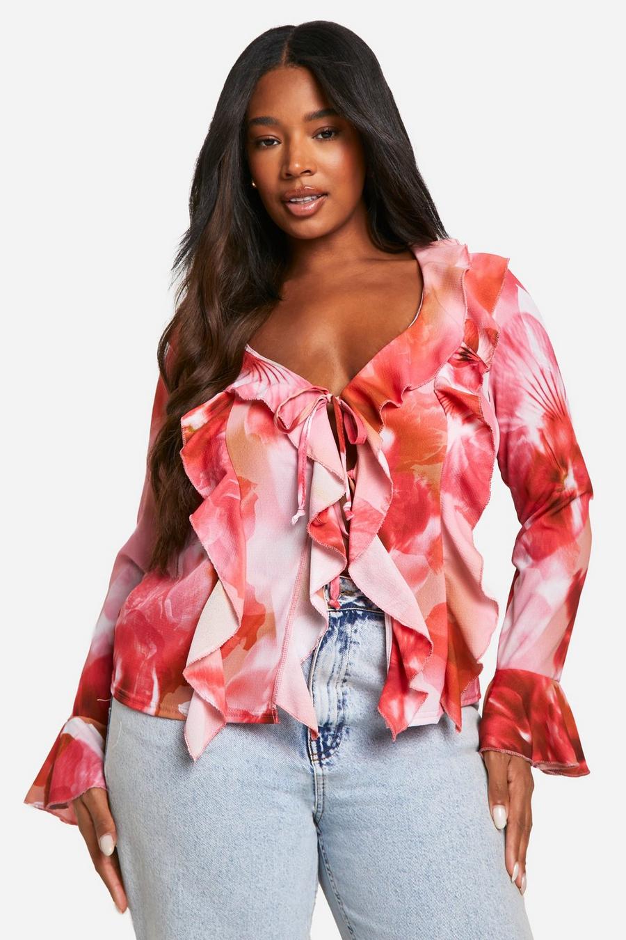 Blusa Plus Size a fiori con arricciature frontali, Pink image number 1
