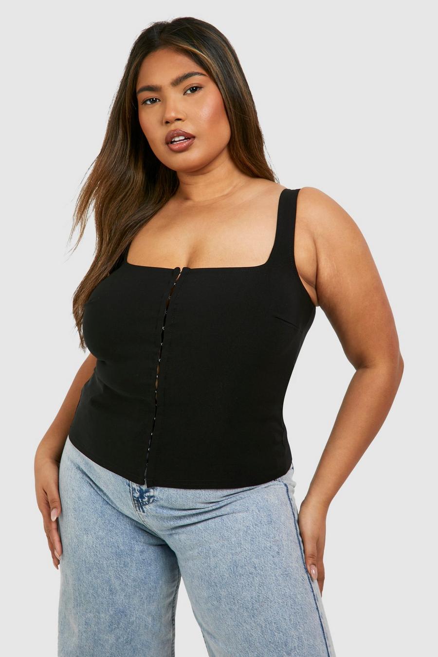 Black Plus Square Neck Hook And Eye Corset Top 