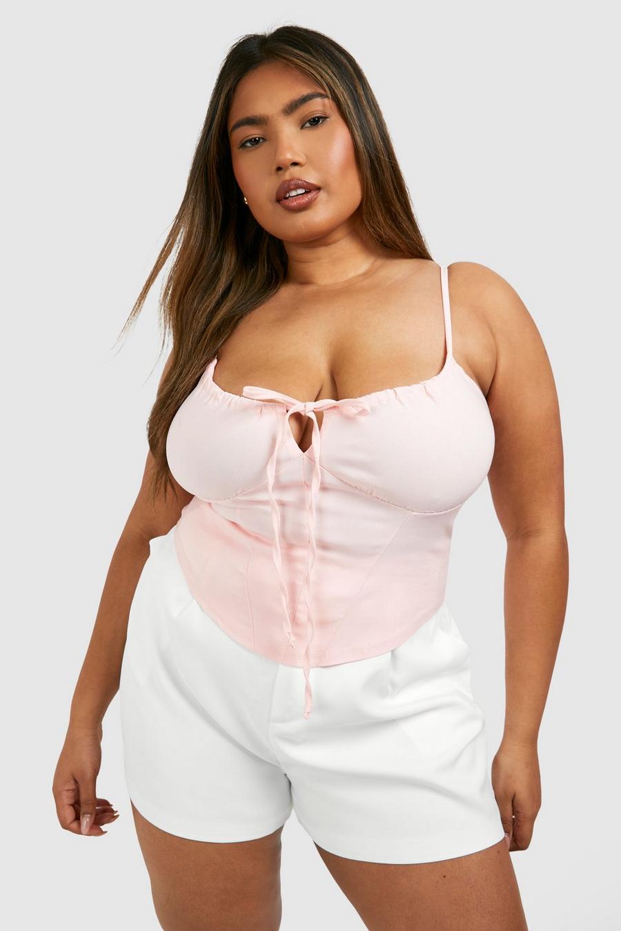 Baby pink Plus Sleeveless Ruched Tie Front Corset Top image number 1