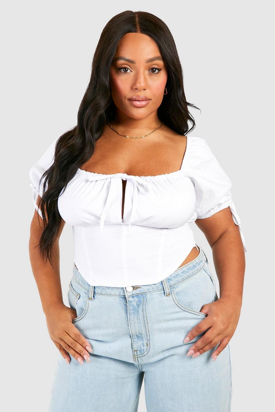 White Plus Tie Front Puff Sleeve Corset Top 