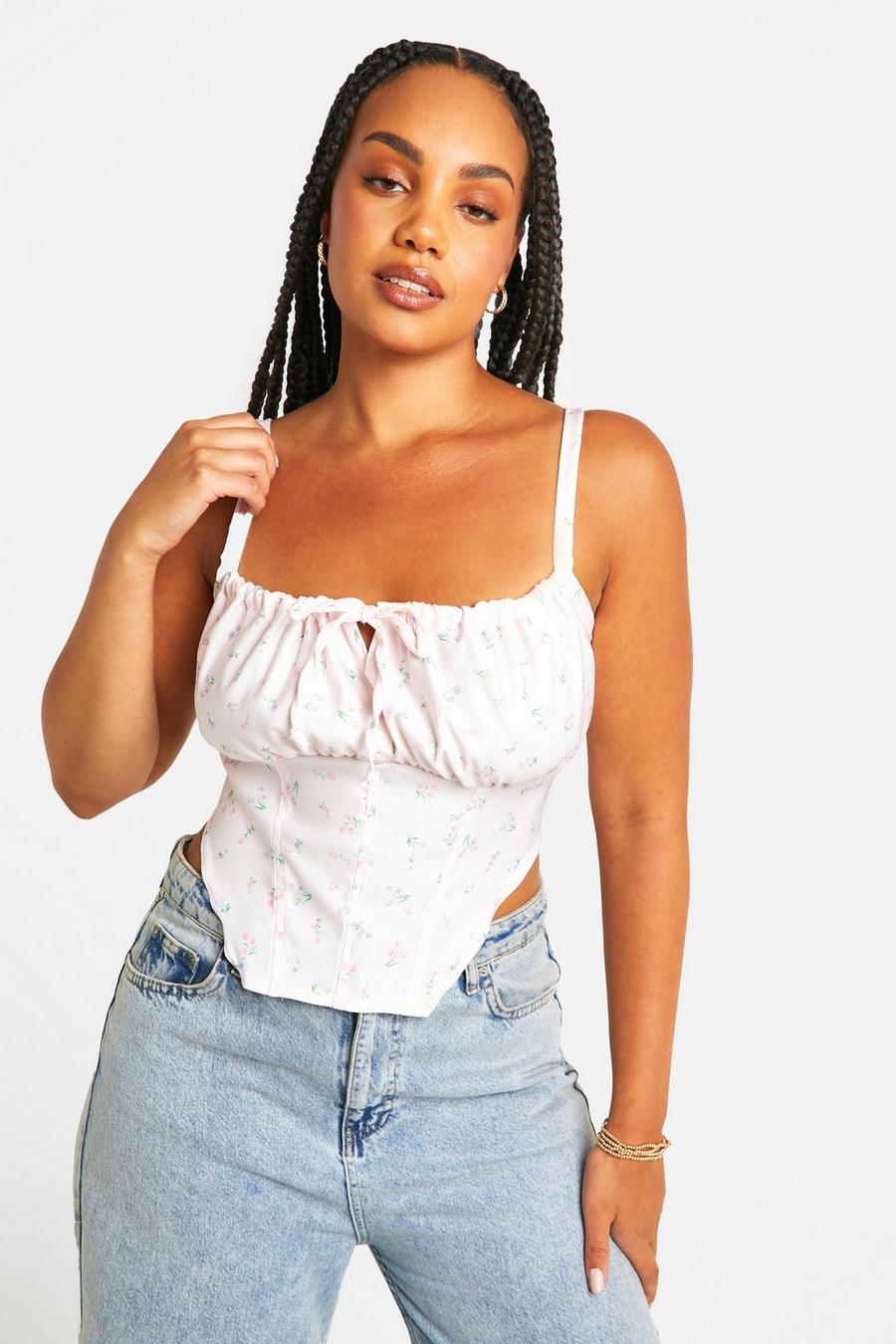Baby pink Plus Milkmaid Tie Front Ditsy Corset Top 