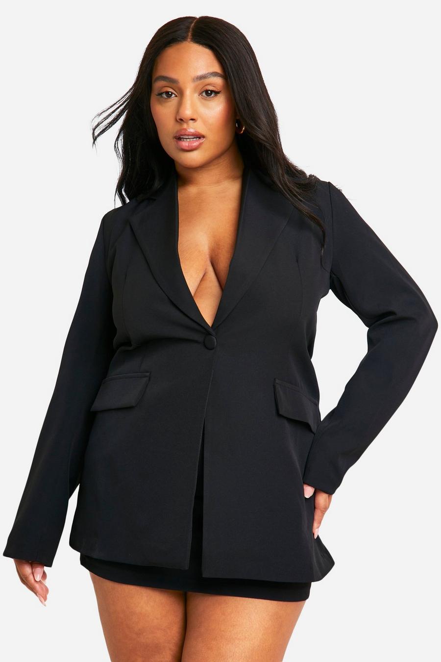 Black Plus Plunge Front Single Button Fitted Blazer