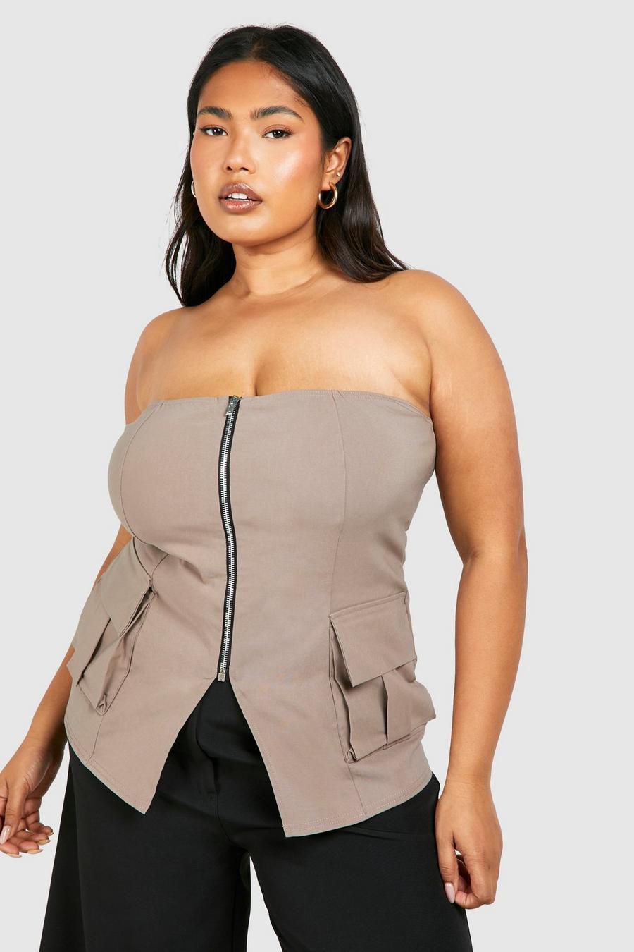 Top a corsetto Plus Size stile Utility con zip, Taupe image number 1