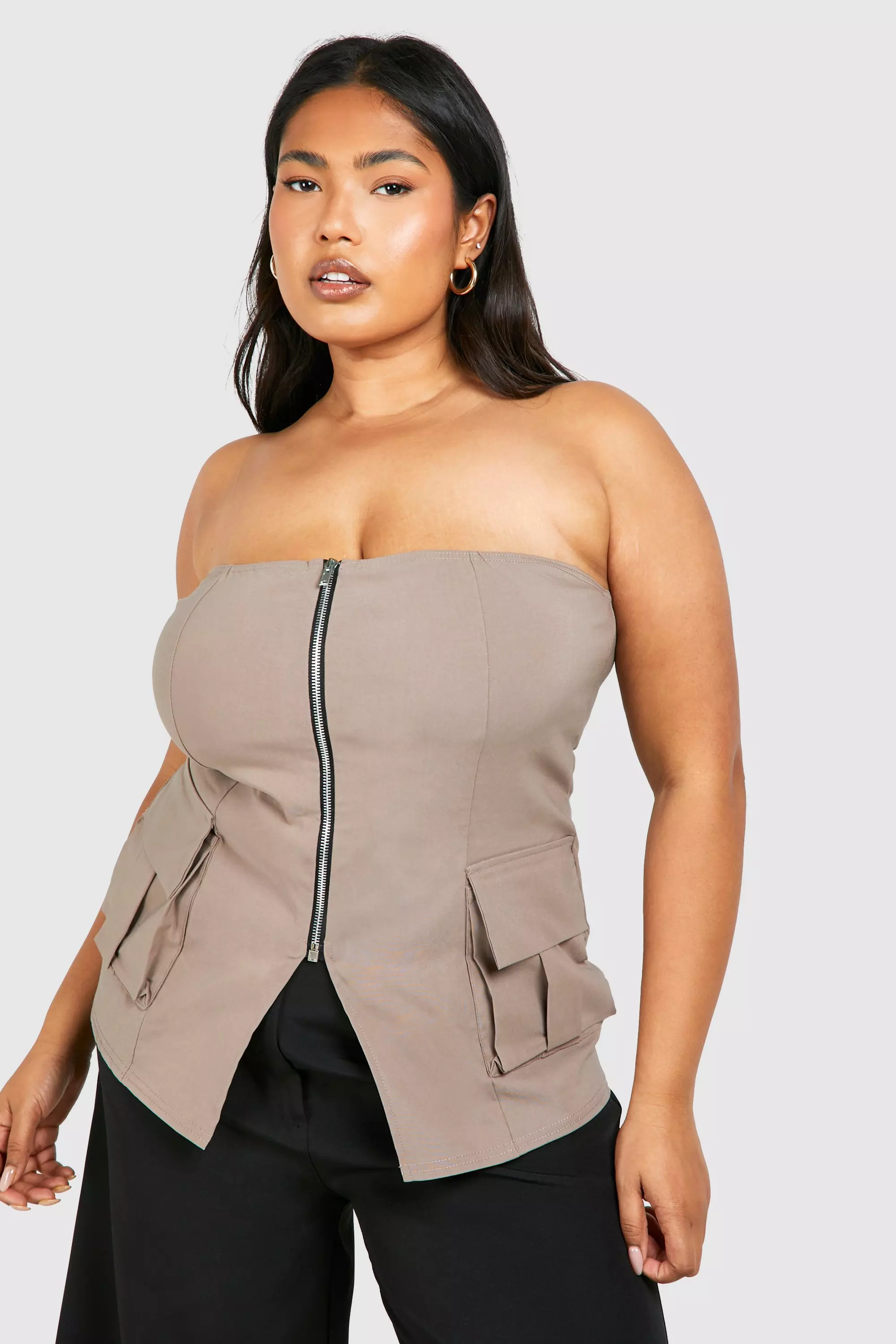 Taupe Plus Zip Through Utility Corset Top   alternative image