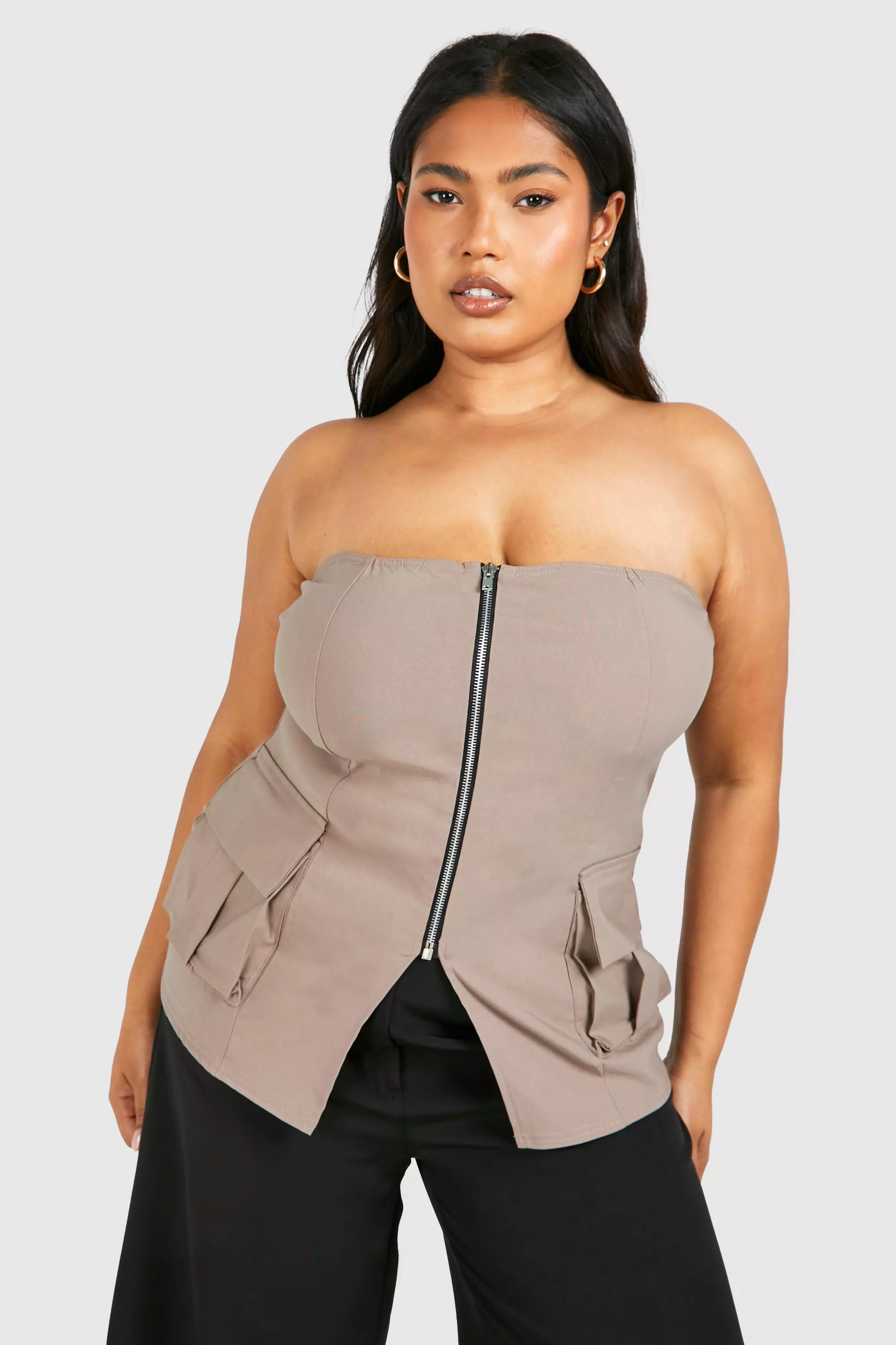 Taupe Plus Zip Through Utility Corset Top   alternative image