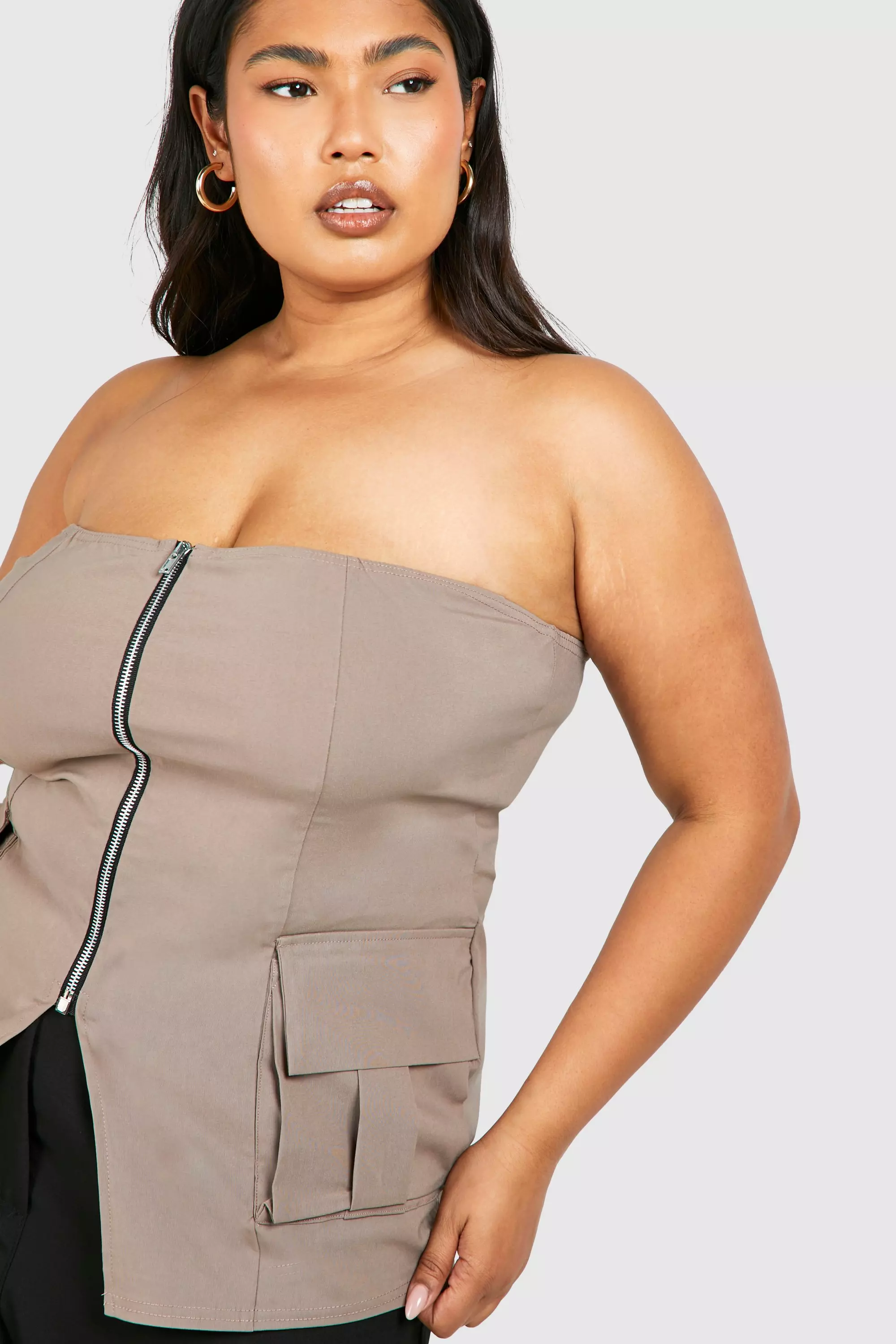 Taupe Plus Zip Through Utility Corset Top   alternative image