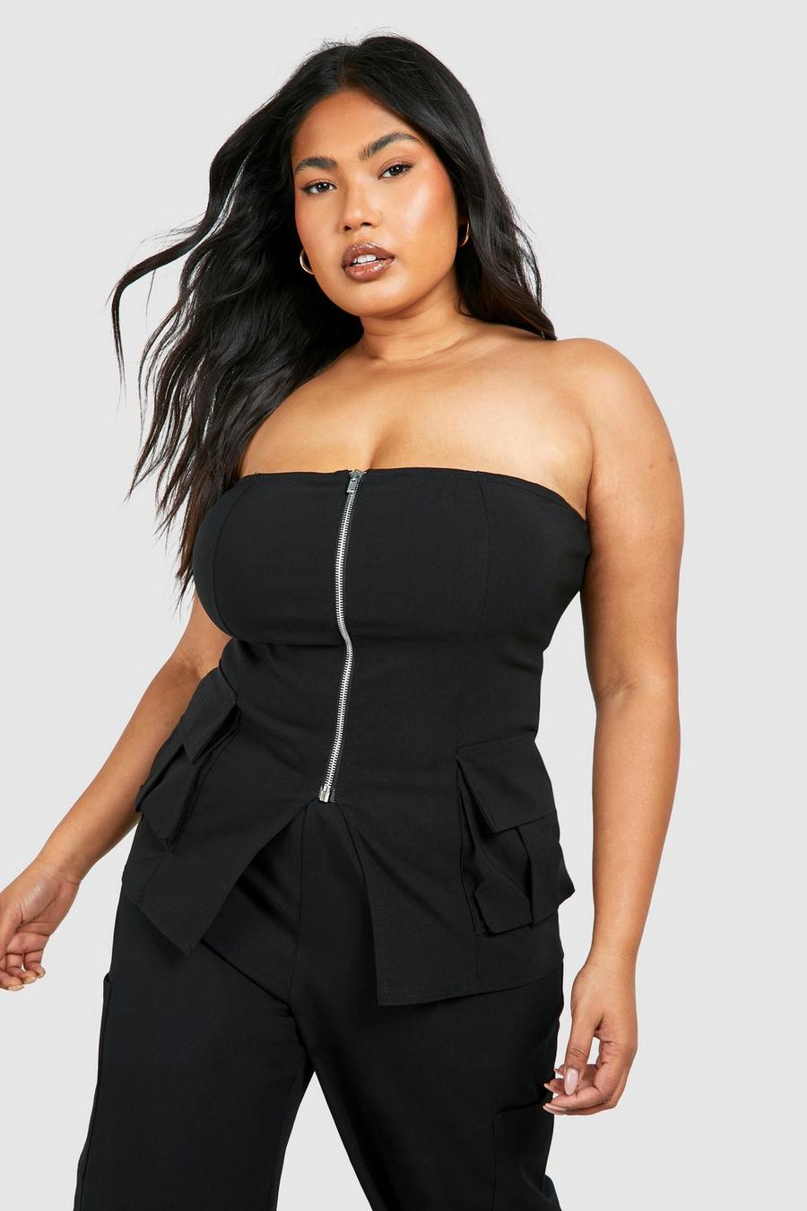 Top a corsetto Plus Size stile Utility con zip, Black
