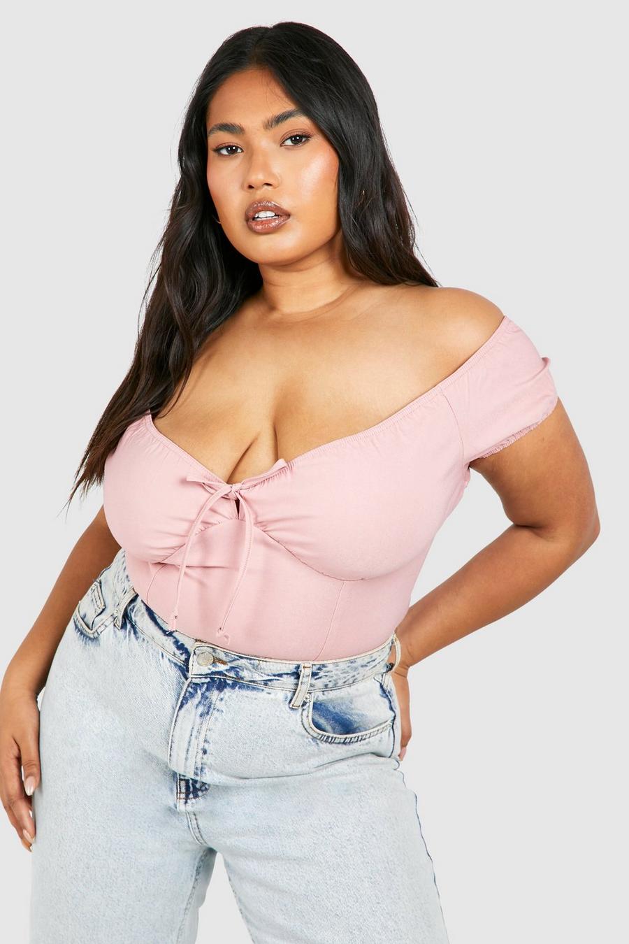 Top a corsetto Plus Size in bengalina stile Milkmaid con laccetti frontali, Dusky pink image number 1
