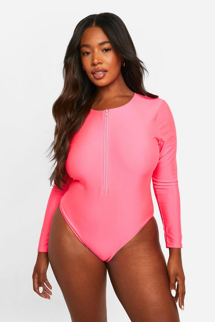 Neon-pink Plus Long Sleeve Rash Guard Swimsuit  image number 1