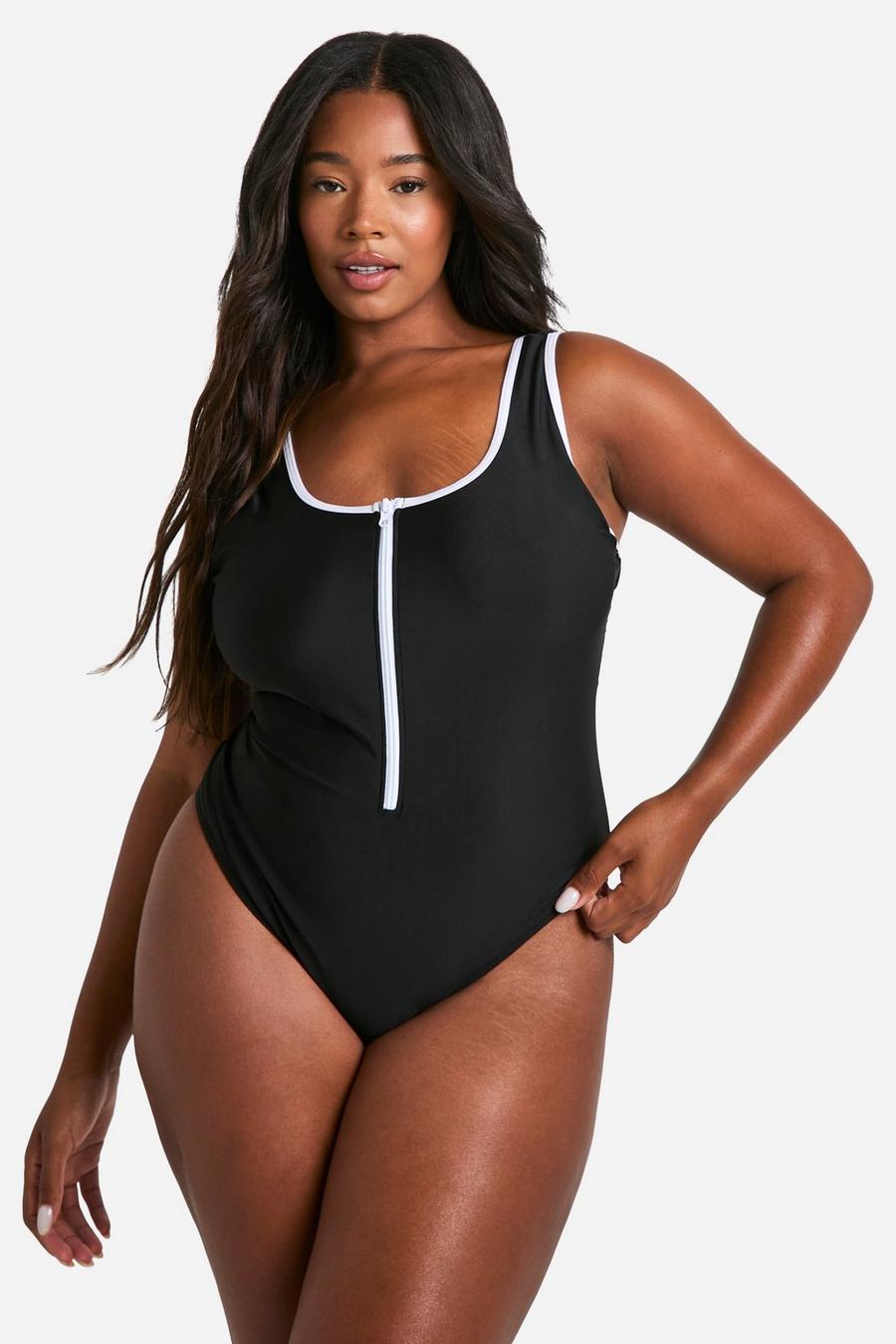 Plus Kontrast-Badeanzug mit Reißverschluss vorne, Black image number 1
