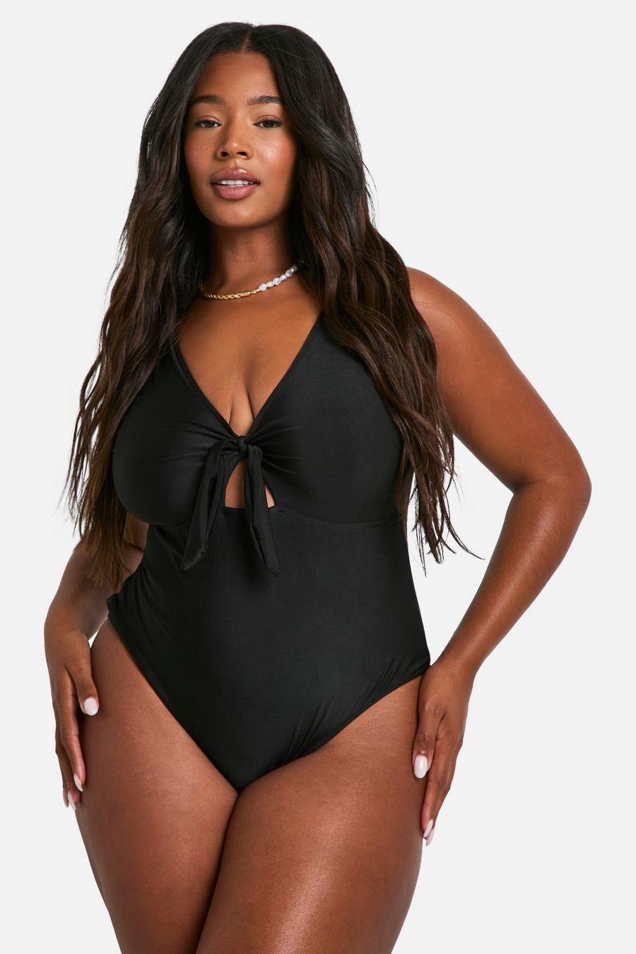 Black Plus Tummy Control Knot Front Swimsuit  image number 1