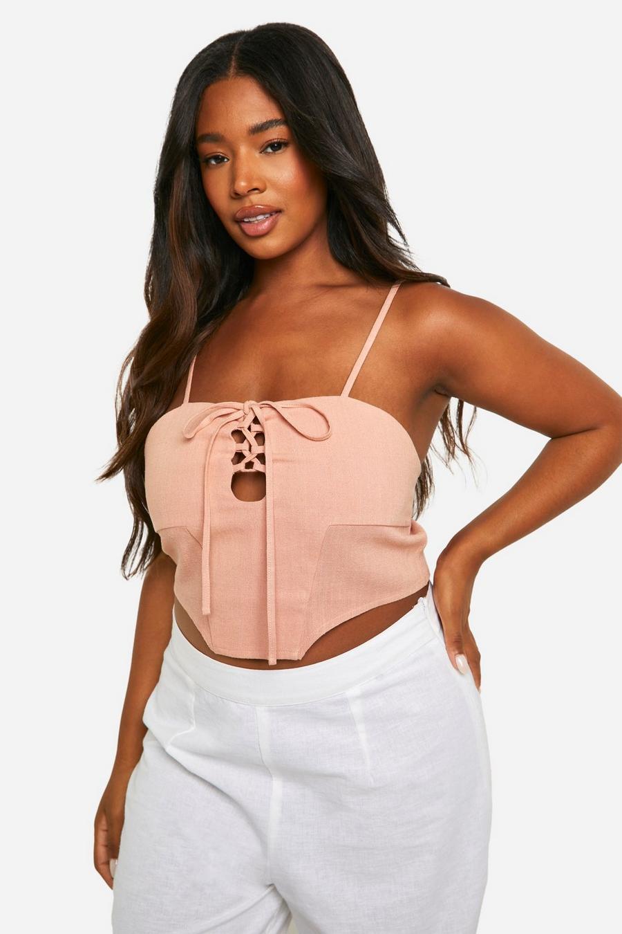 Rust Plus Linen Lace Up Corset Top  image number 1