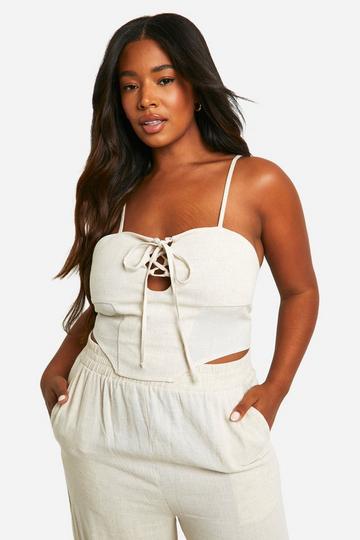 Plus Linen Look Lace Up Corset Top stone