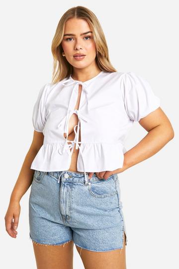 Plus Bow Tie Cotton Smock Top white