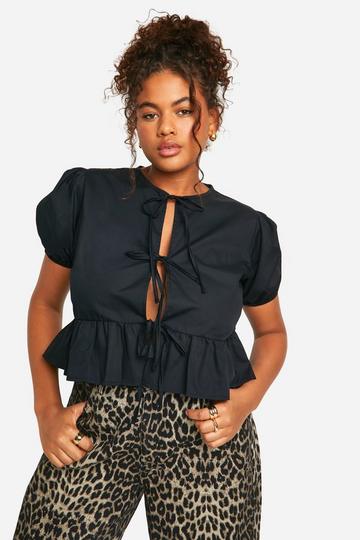 Plus Bow Tie Cotton Smock Top black