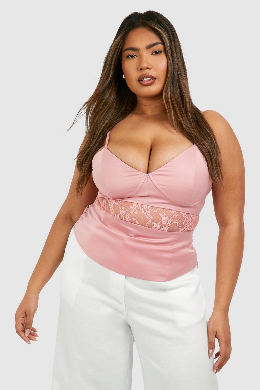 Top smanicato Plus Size in raso con inserti in pizzo, Baby pink image number 1