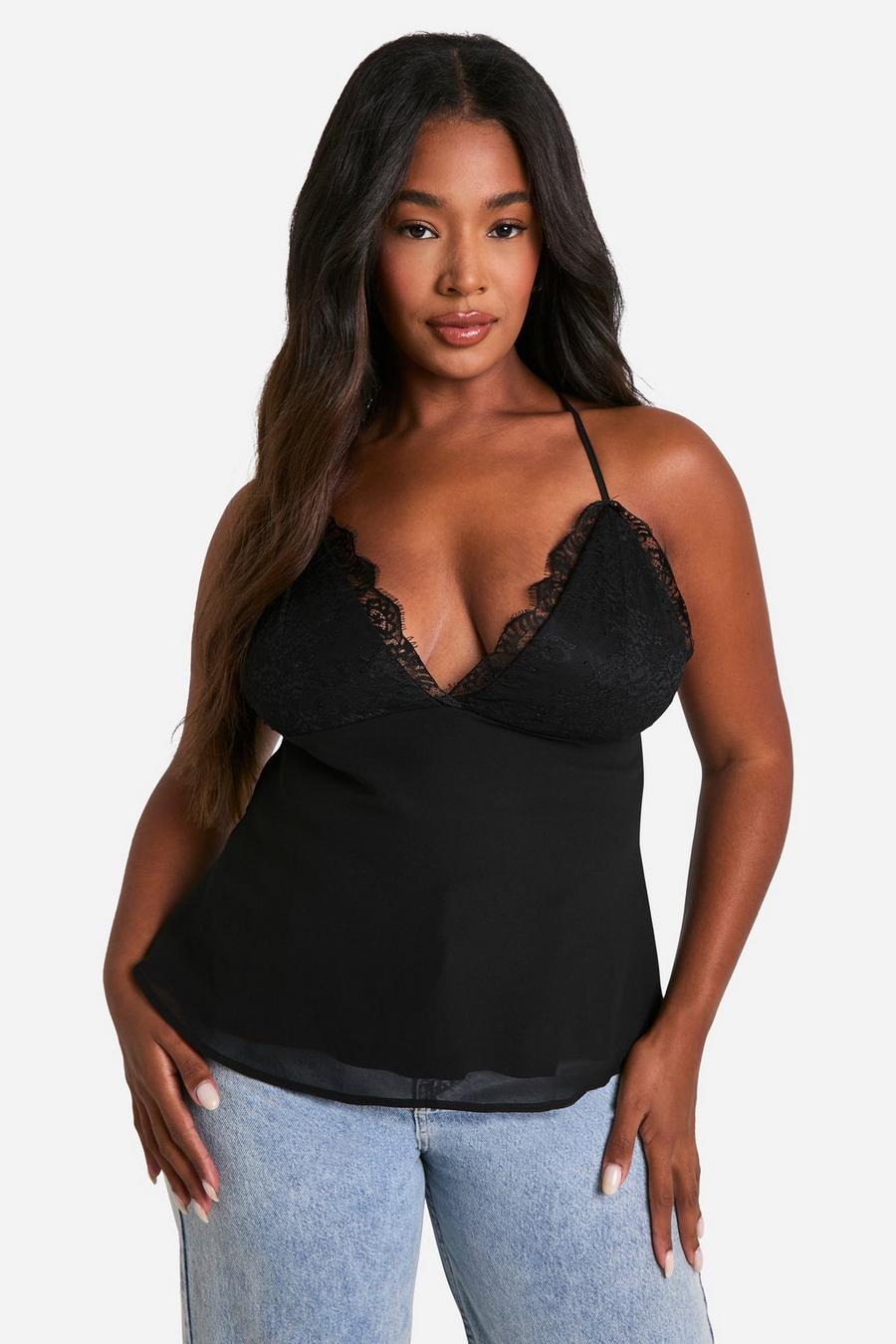 Black Plus Lace Cup Chiffon Cami Top  image number 1