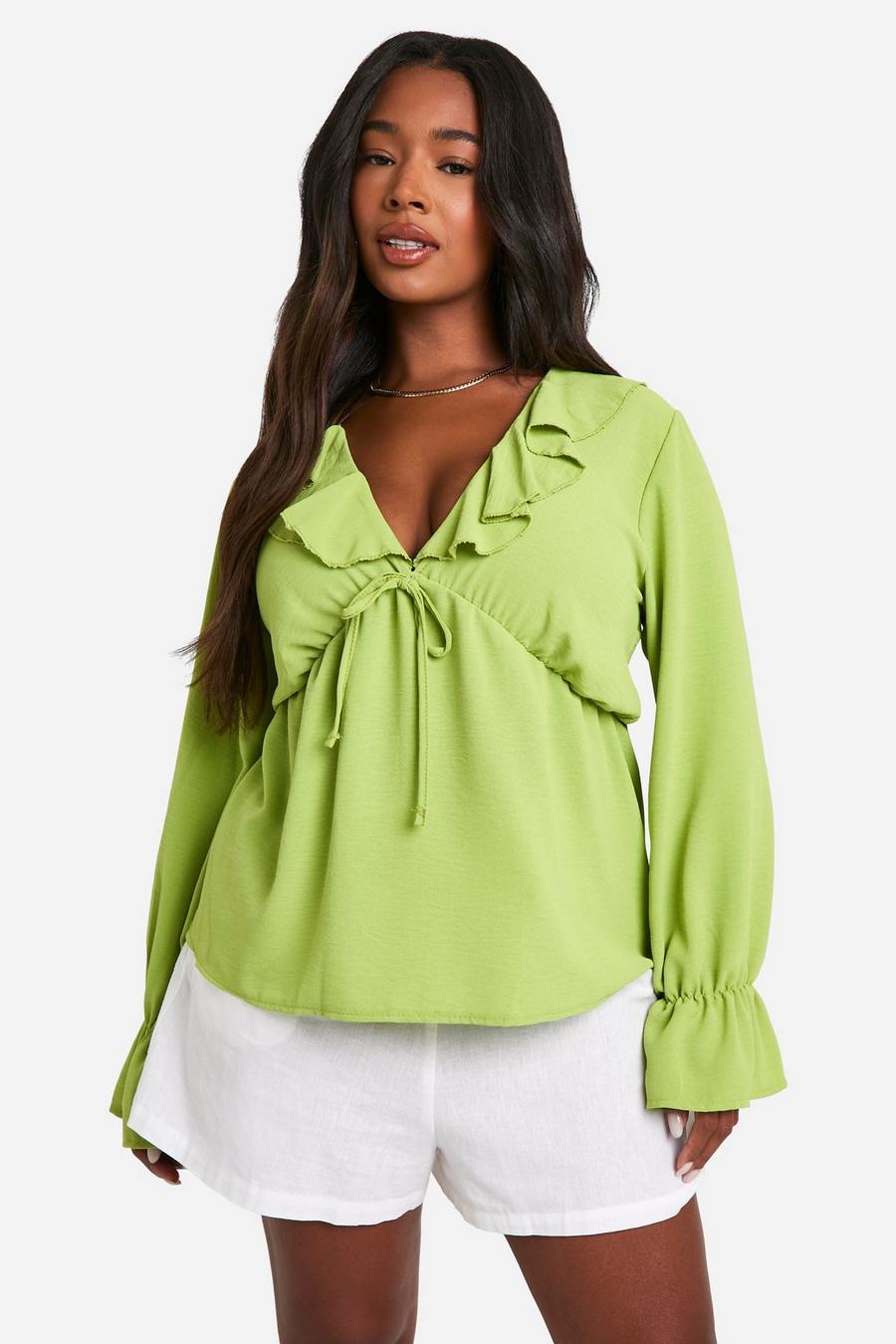 Top a grembiule Plus Size con trama e volant frontali, Olive image number 1