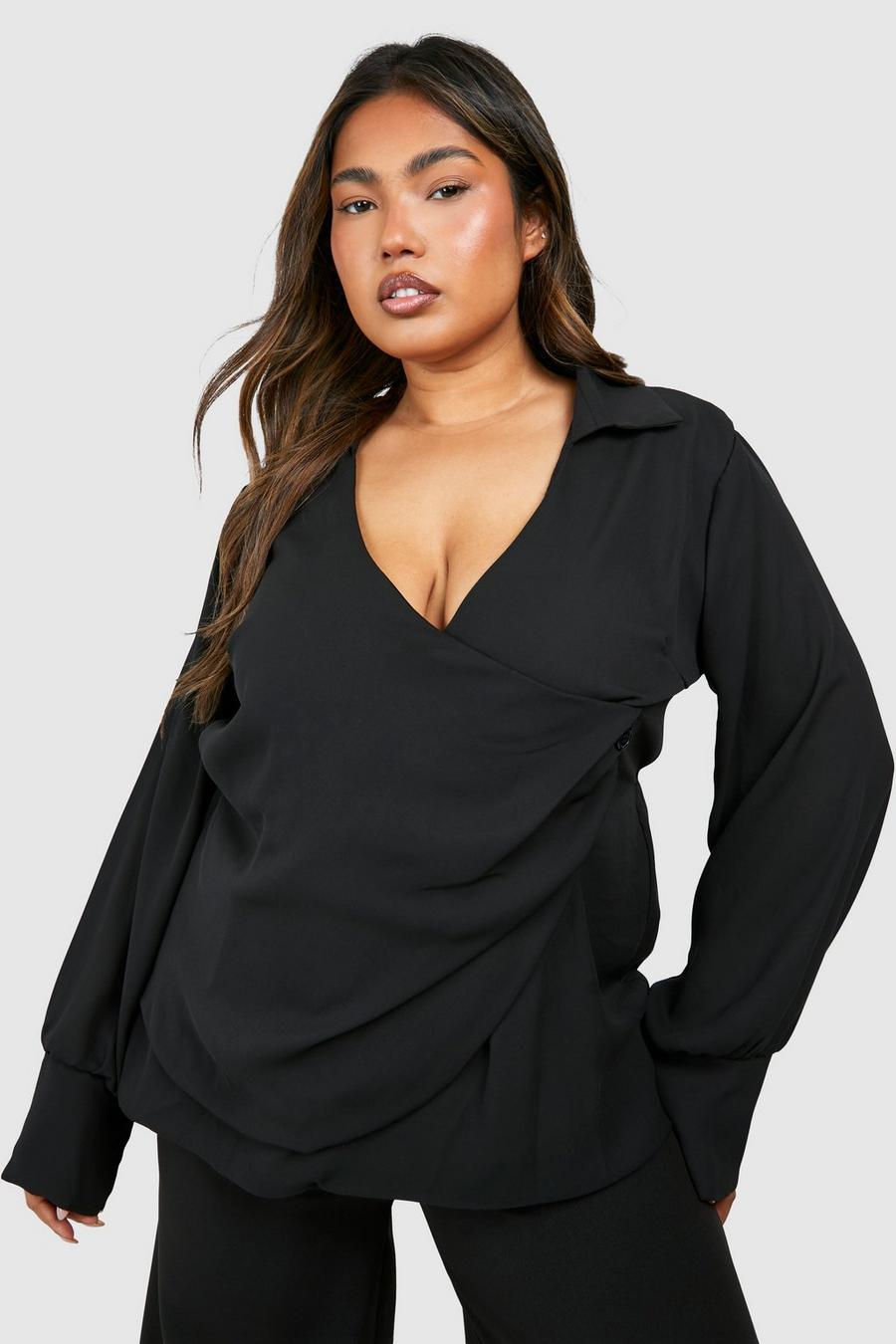 Black Plus Collared Button Wrap Shirt image number 1
