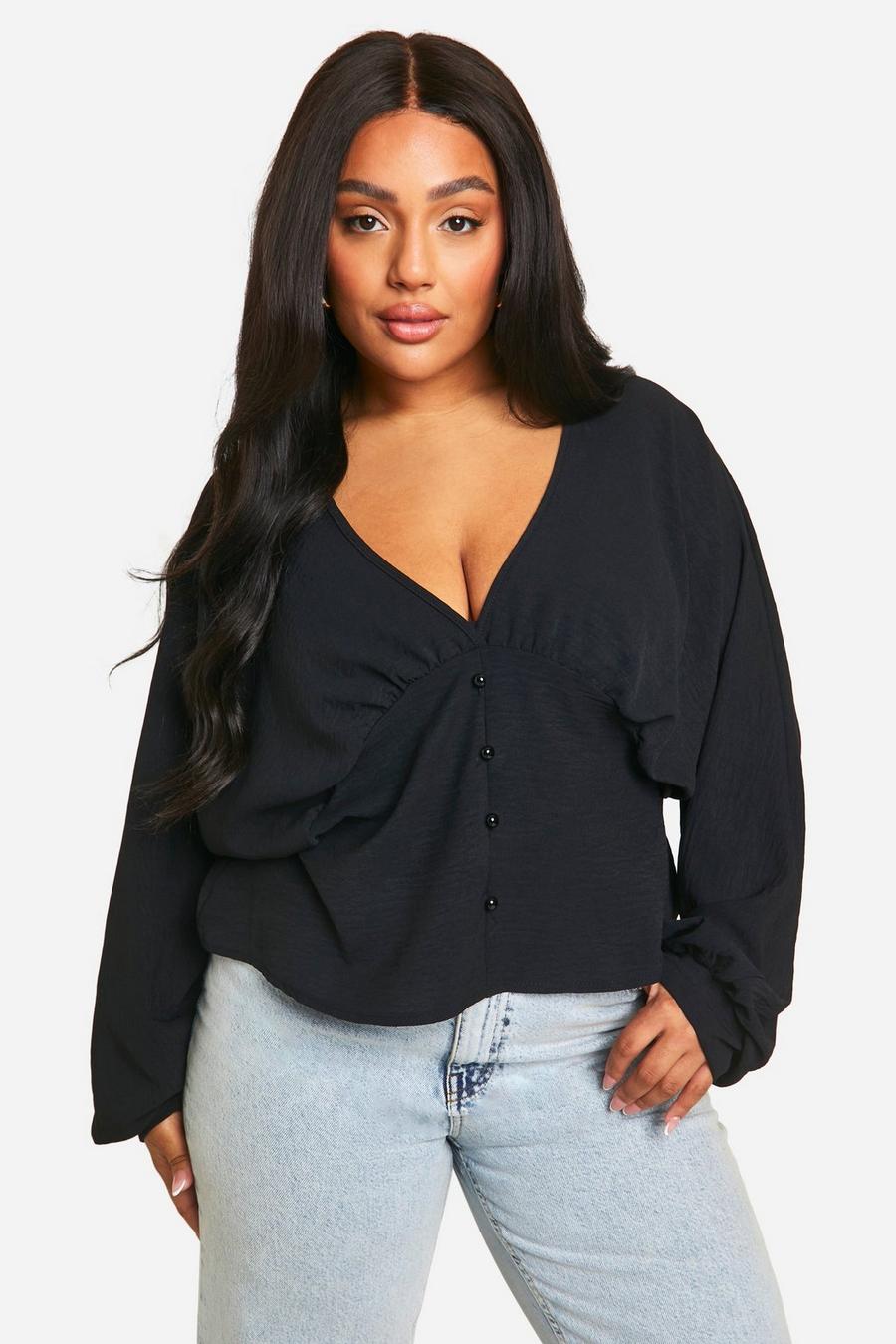 Black Plus Button Front Slouchy Blouse image number 1