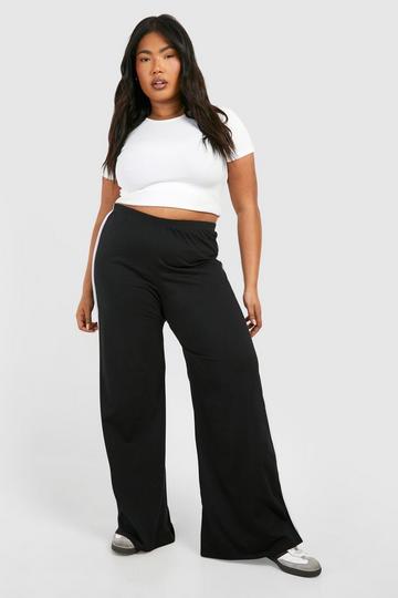 Plus Cotton Elastane Contrast Binding Wide Leg Trouser black