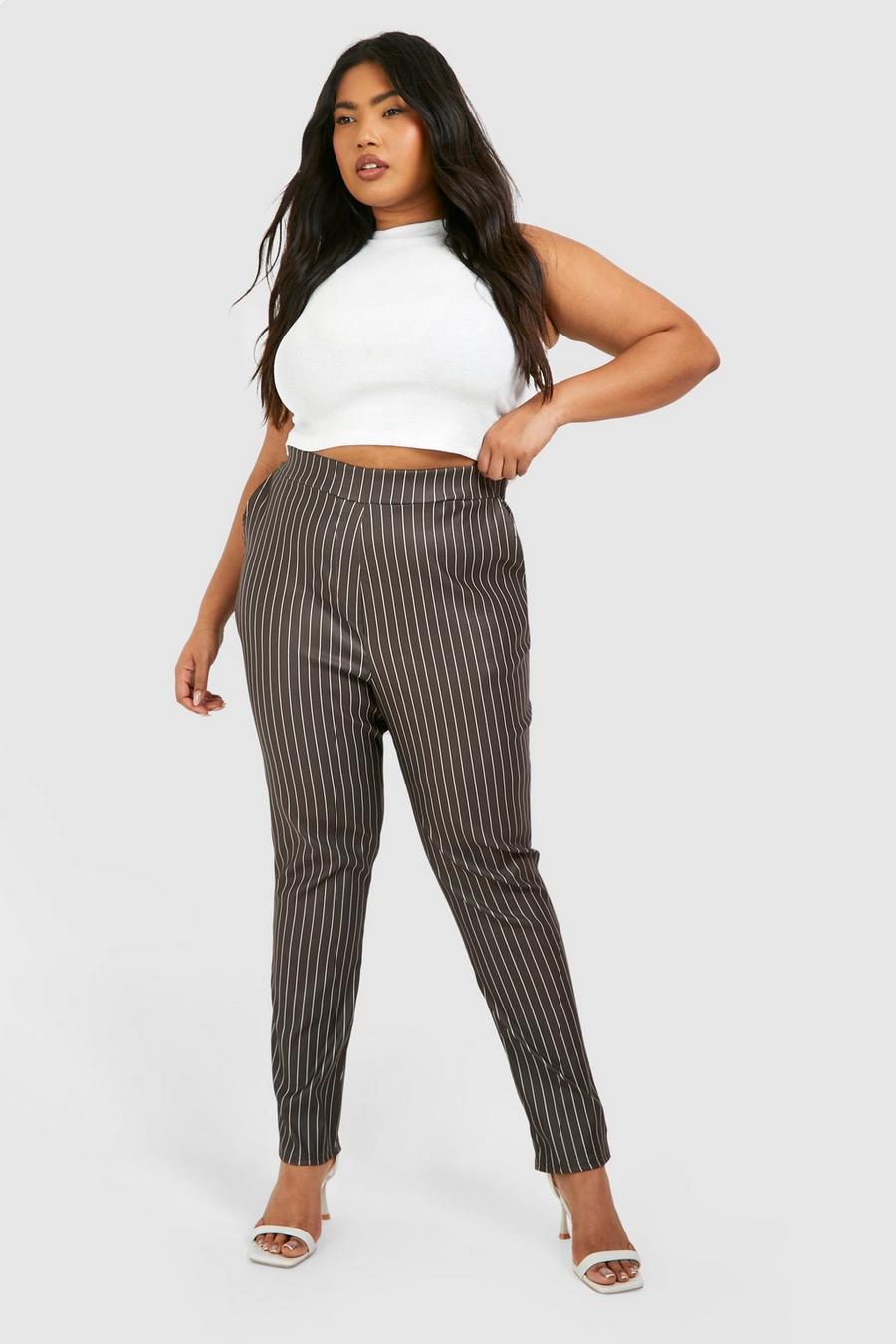 Pantaloni sagomati Plus Size in bengalina super Stretch a righe verticali, Brown