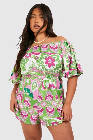 Plus Woven Floral Off The Shoulder Romper green