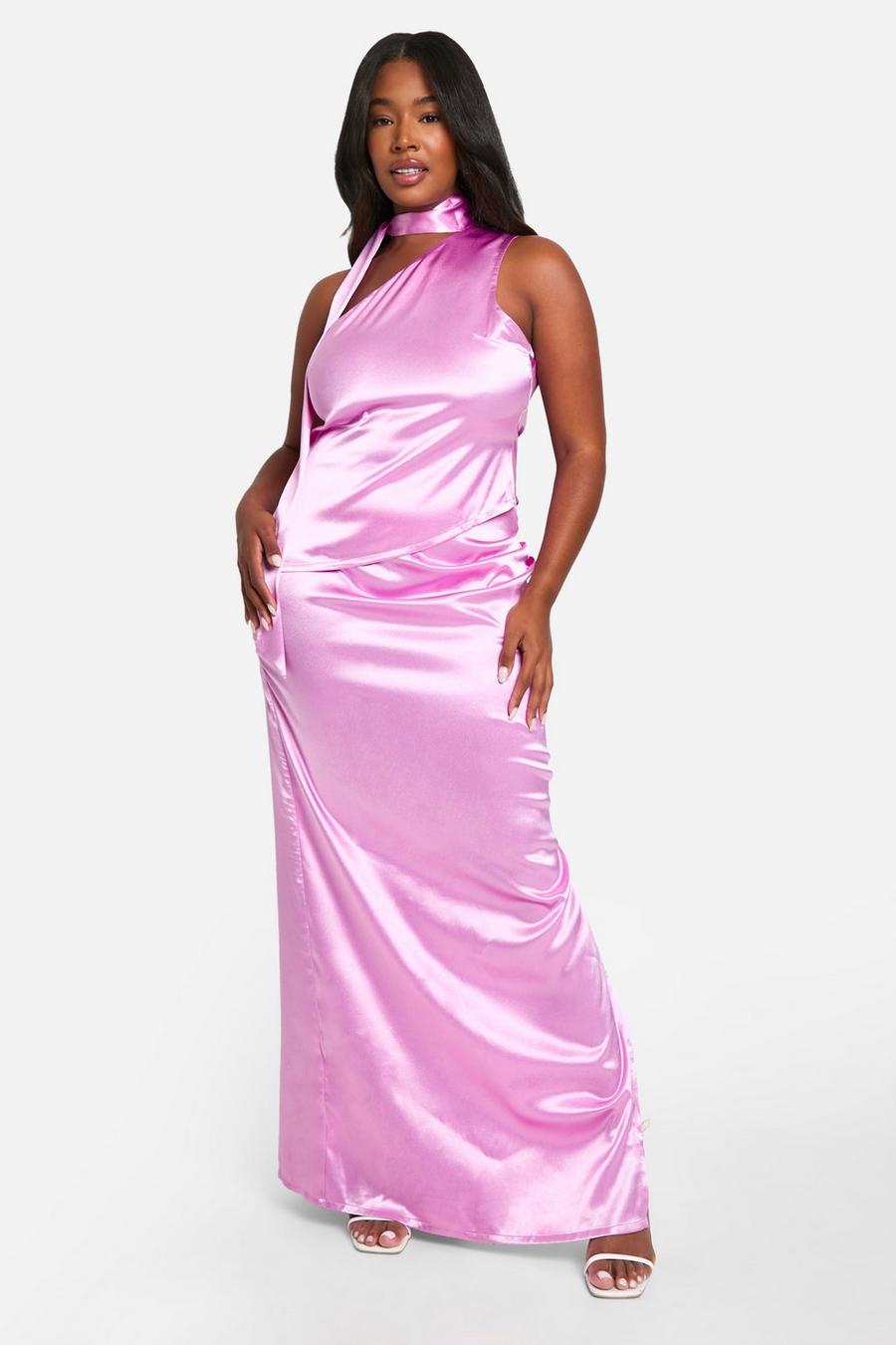 Hot pink Plus Premium Satin One Shoulder Top & Maxi Skirt Co-ord  image number 1