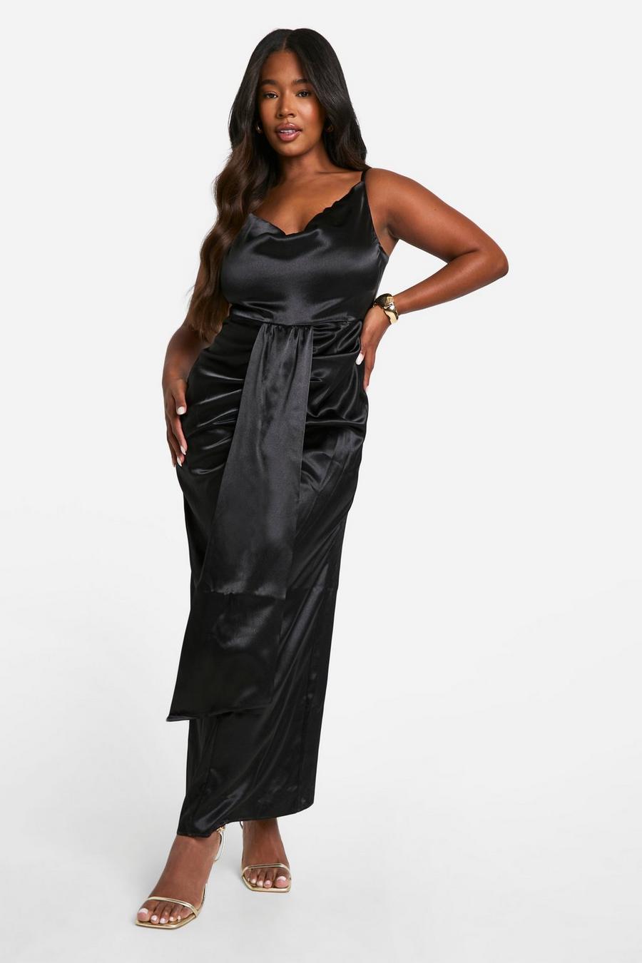 Black Plus Premium Satin Cowl Ruched Drape Detail Cami Maxi Dress image number 1