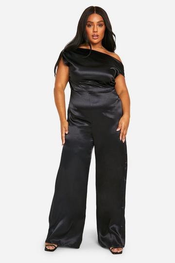 Plus Premium Satin Off The Shoulder Ruched Wide Leg Jumpsuit black