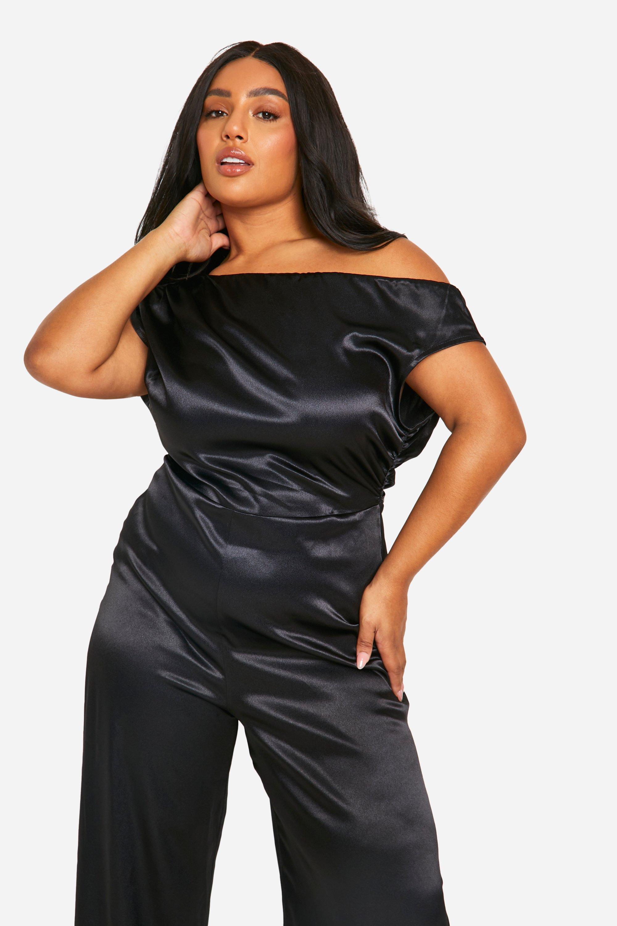 Plus Premium Satin Off The Shoulder Ruched Wide Leg Jumpsuit boohoo