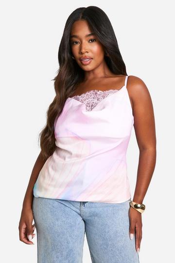 Plus Premium Satin Floral Print Cowl Lace Trim Cami Top pink