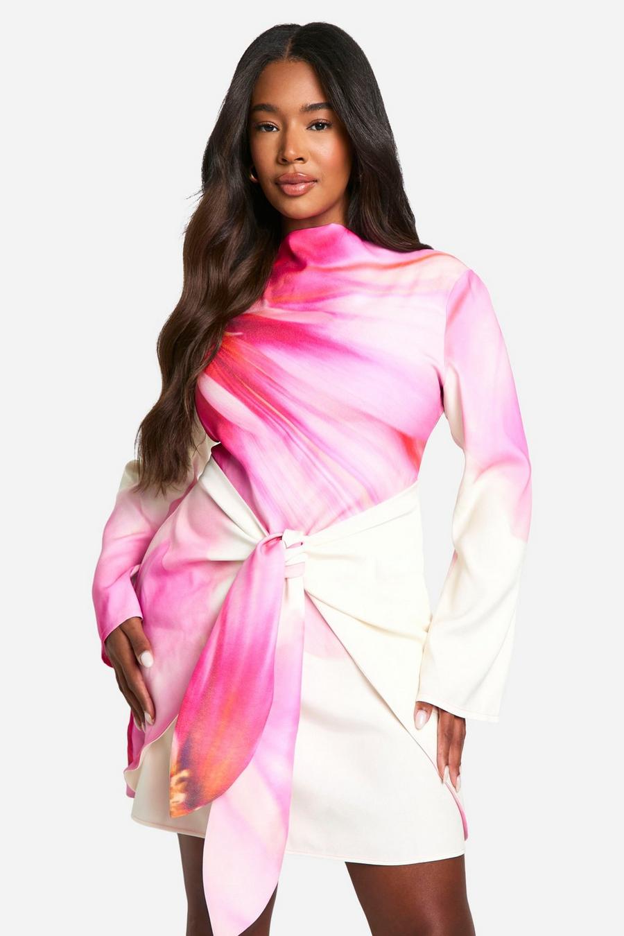 Pink Plus Premium Satin Floral Print Wrap Drape Detail Long Sleeve Mini Dress  image number 1