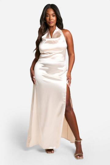 Champagne Beige Plus Premium Satin Plunge Cowl Split Detail Midi Dress