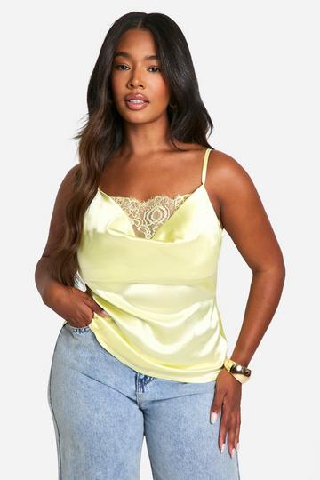 Plus Premium Satin Cowl Lace Trim Cami Top lemon