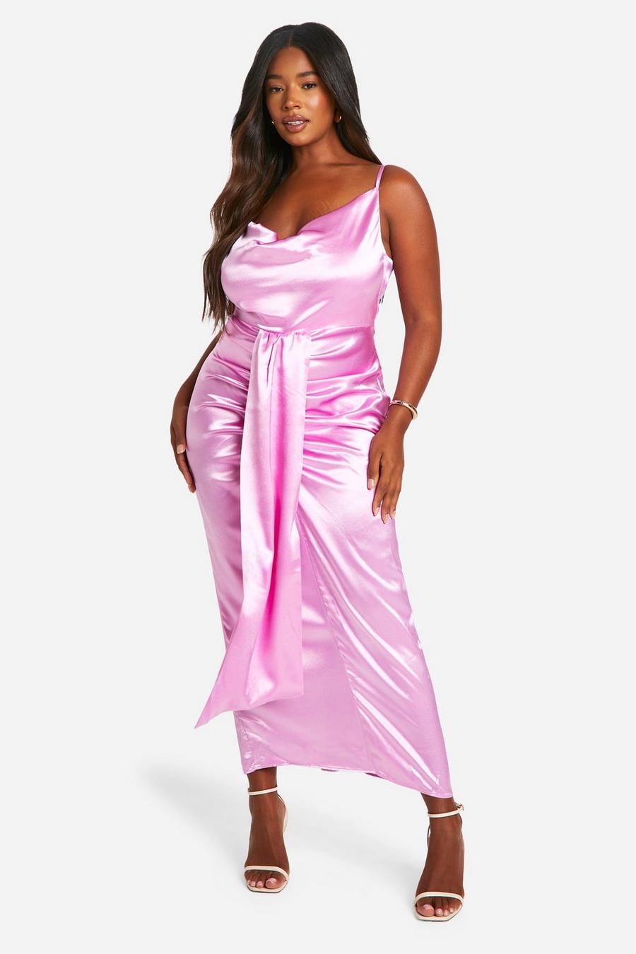 Baby pink Plus Premium Satin Cowl Ruched Drape Detail Cami Maxi Dress  image number 1