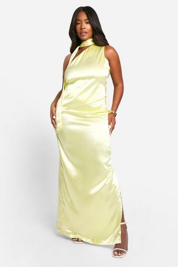 Lemon Yellow Plus Premium Satin One Shoulder Top & Maxi Skirt Co-ord