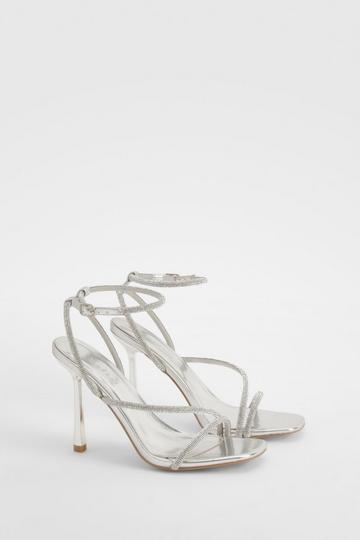 Metallic Diamante Asymmetric Strappy Heels silver