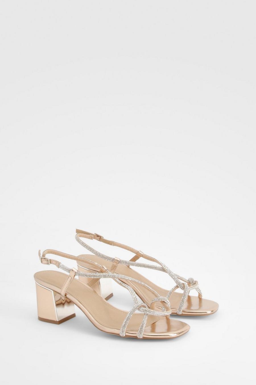 Rose gold Wide Fit Diamante Strappy Low Block Heel