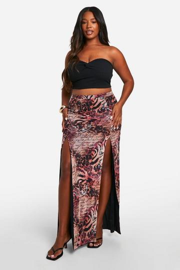 Plus Mesh Mixed Leopard Print Split Detail Maxi Skirt multi