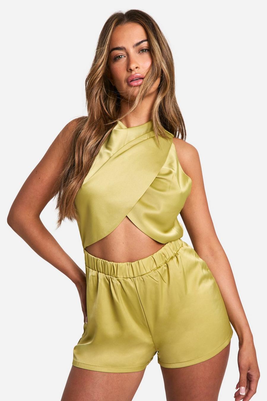 Lime Satin Cut Out Draped Playsuit image number 1