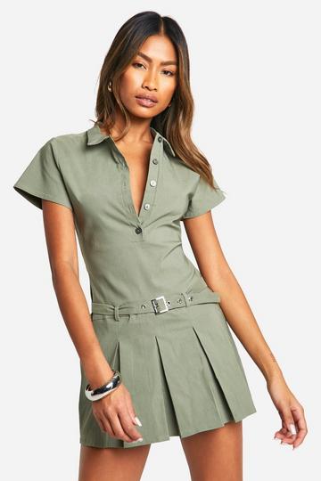 Volle Playsuit Met Skorts En Knopen khaki