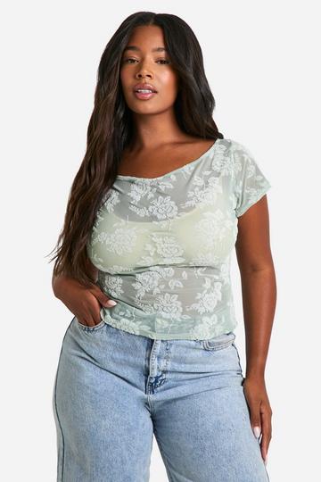 Plus Flocked Floral Slashneck Top sage