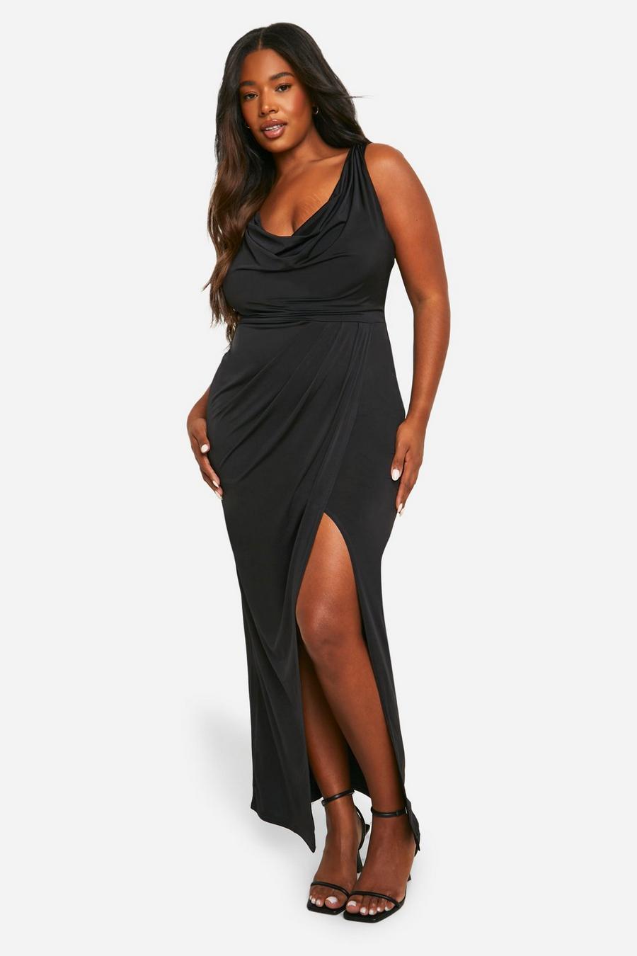 Black Plus Slinky Ruched Wrap Maxi Dress image number 1