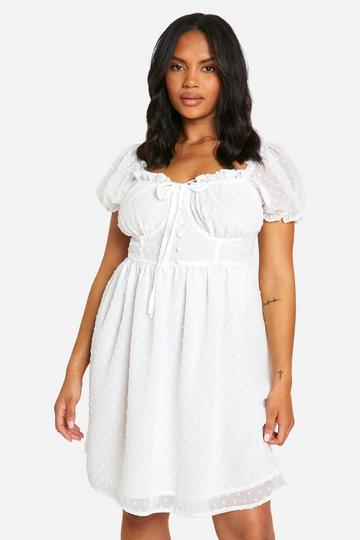 Plus Dobby Puff Sleeve Mini Dress white
