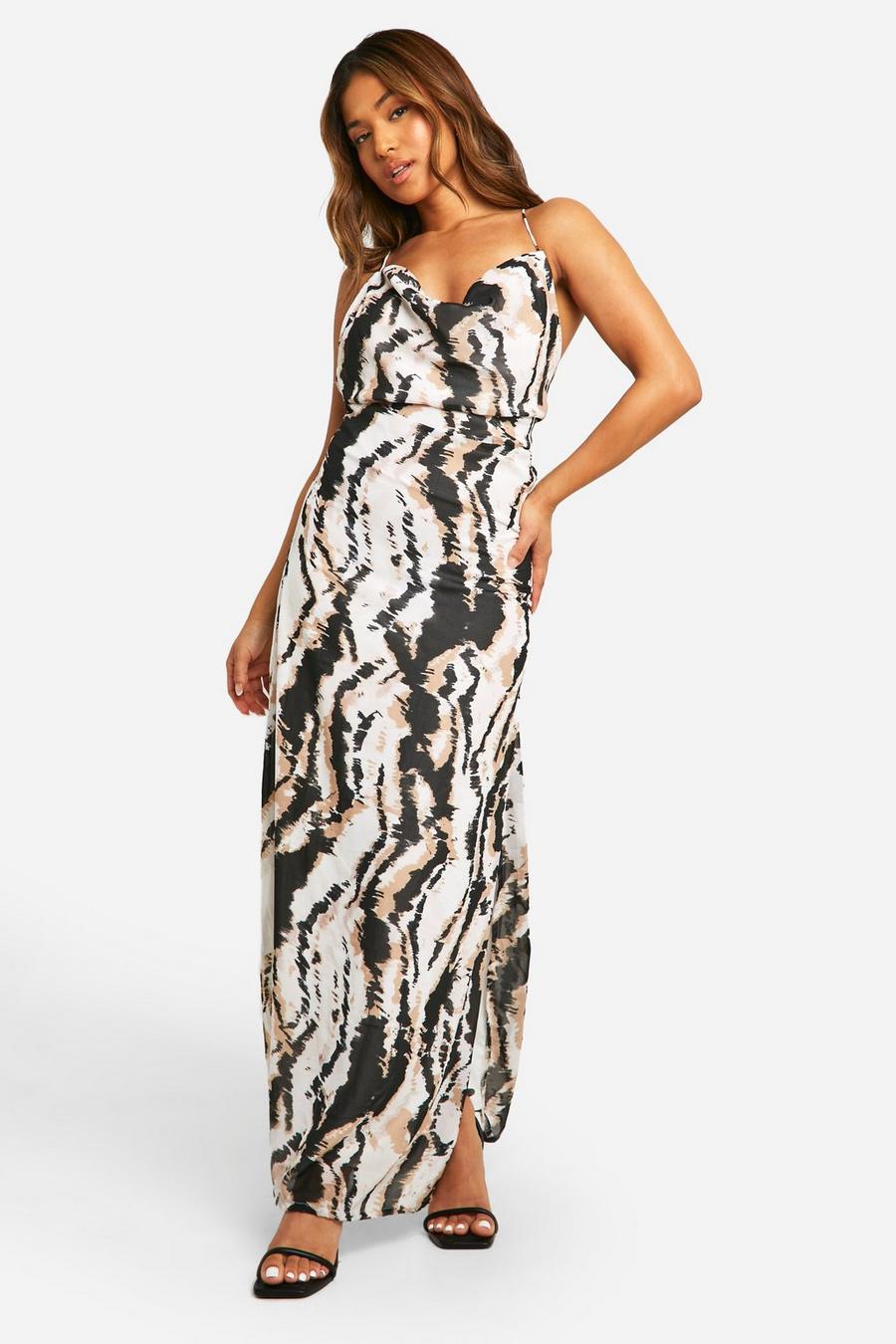 Brown Petite Abstract Chiffon Maxi Dress image number 1