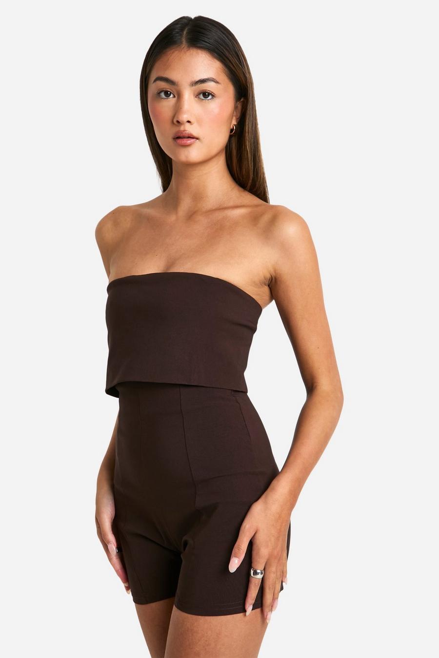 Chocolate Long Line Strapless Playsuit Met Vouw image number 1