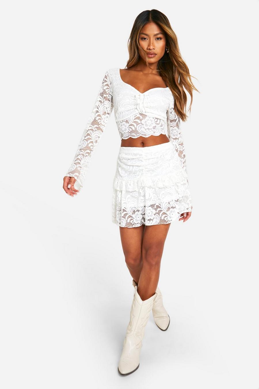 Ivory Tie Front Lace Crop & Mini Skirt  image number 1